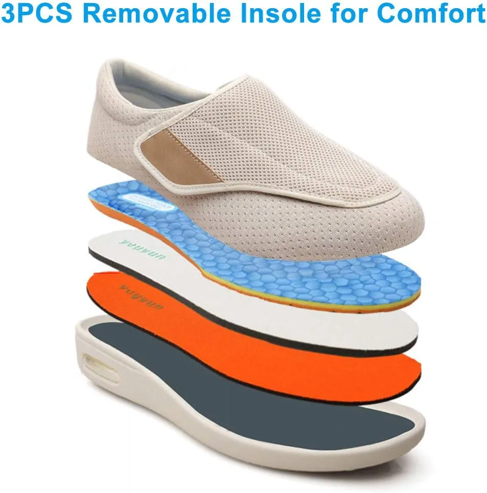 Mens Diabetic Edema Shoes Adjustable Strap Comfy Wide Widths Walking Sneakers Easy On/Off with 3 Pairs Insoles Replacement for Support Elderly Swelling Feet