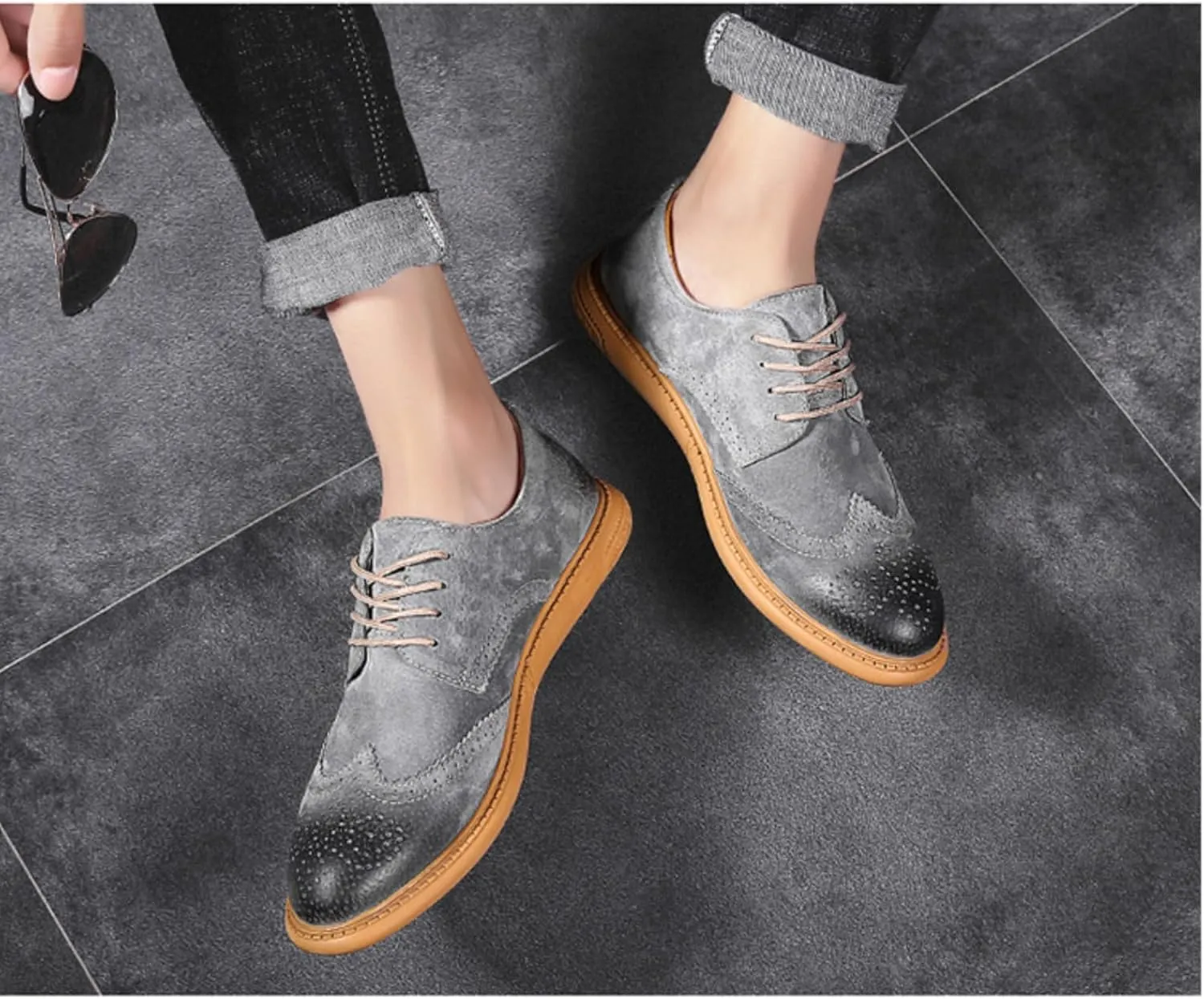 Men's Dress Oxford Shoes Classic Lace Up Retro Suede Leather Round Toe Chunky Heels Low-Top Casual British Business Breathable Brock Formal Shoe