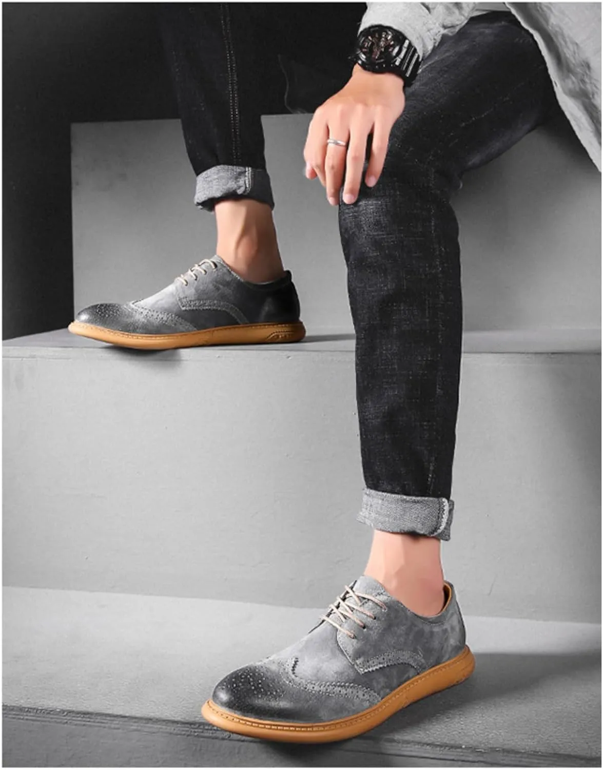 Men's Dress Oxford Shoes Classic Lace Up Retro Suede Leather Round Toe Chunky Heels Low-Top Casual British Business Breathable Brock Formal Shoe