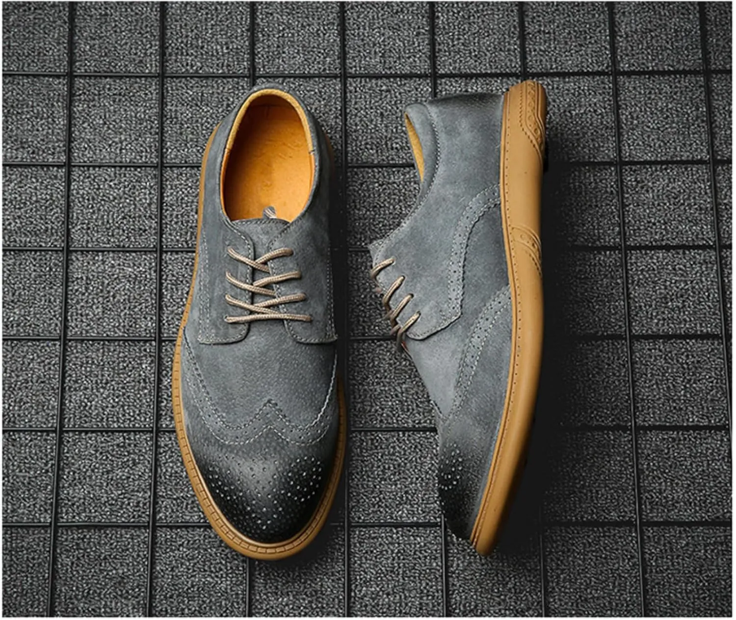 Men's Dress Oxford Shoes Classic Lace Up Retro Suede Leather Round Toe Chunky Heels Low-Top Casual British Business Breathable Brock Formal Shoe
