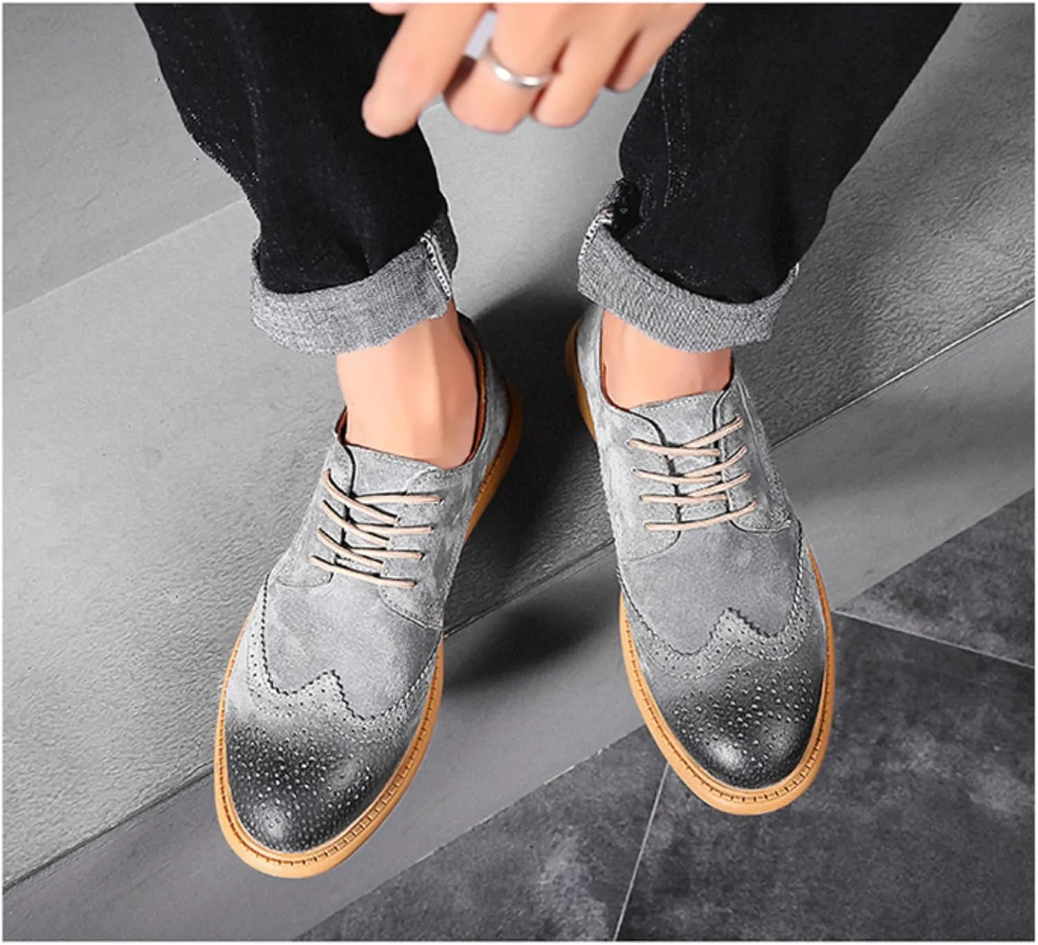 Men's Dress Oxford Shoes Classic Lace Up Retro Suede Leather Round Toe Chunky Heels Low-Top Casual British Business Breathable Brock Formal Shoe