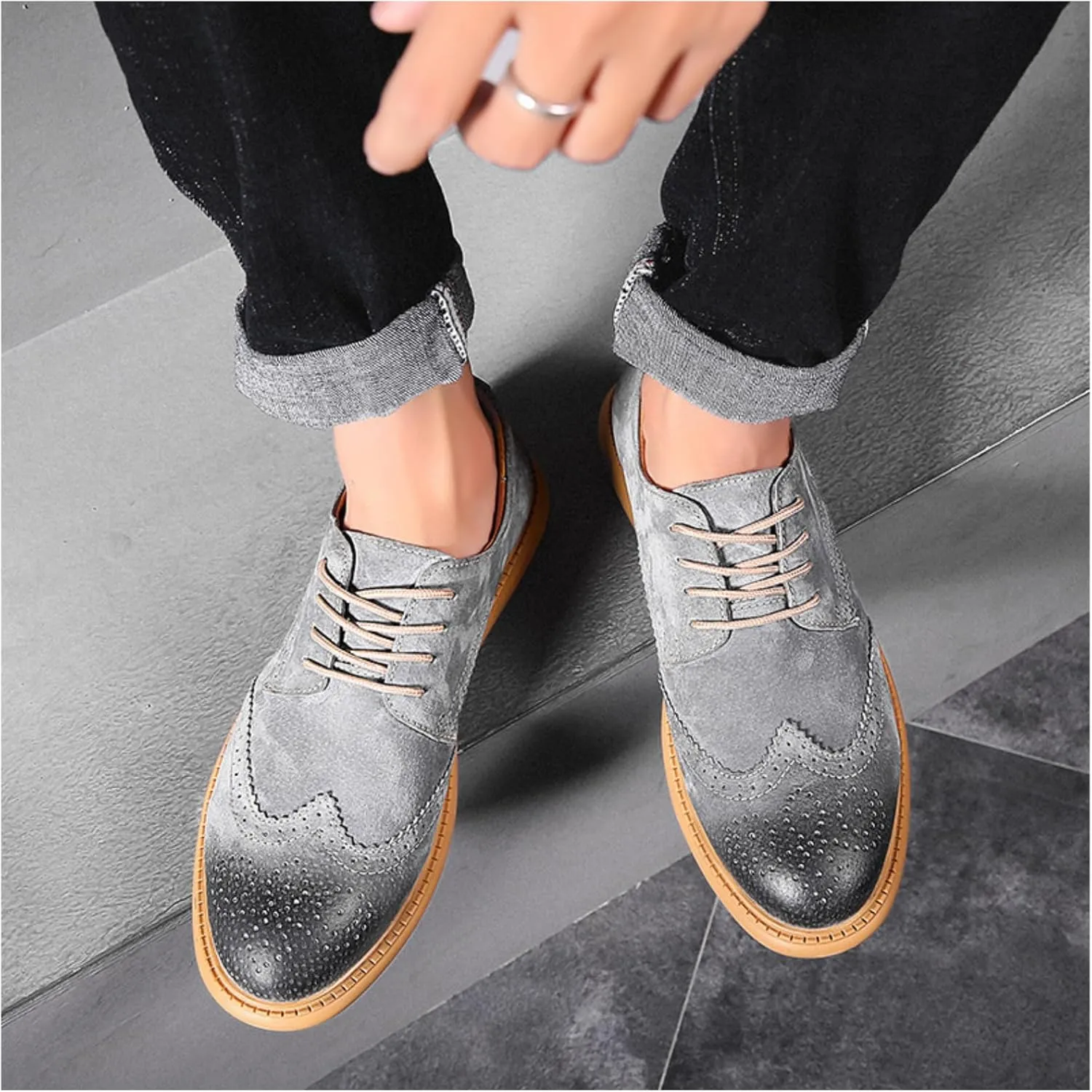 Men's Dress Oxford Shoes Classic Lace Up Retro Suede Leather Round Toe Chunky Heels Low-Top Casual British Business Breathable Brock Formal Shoe