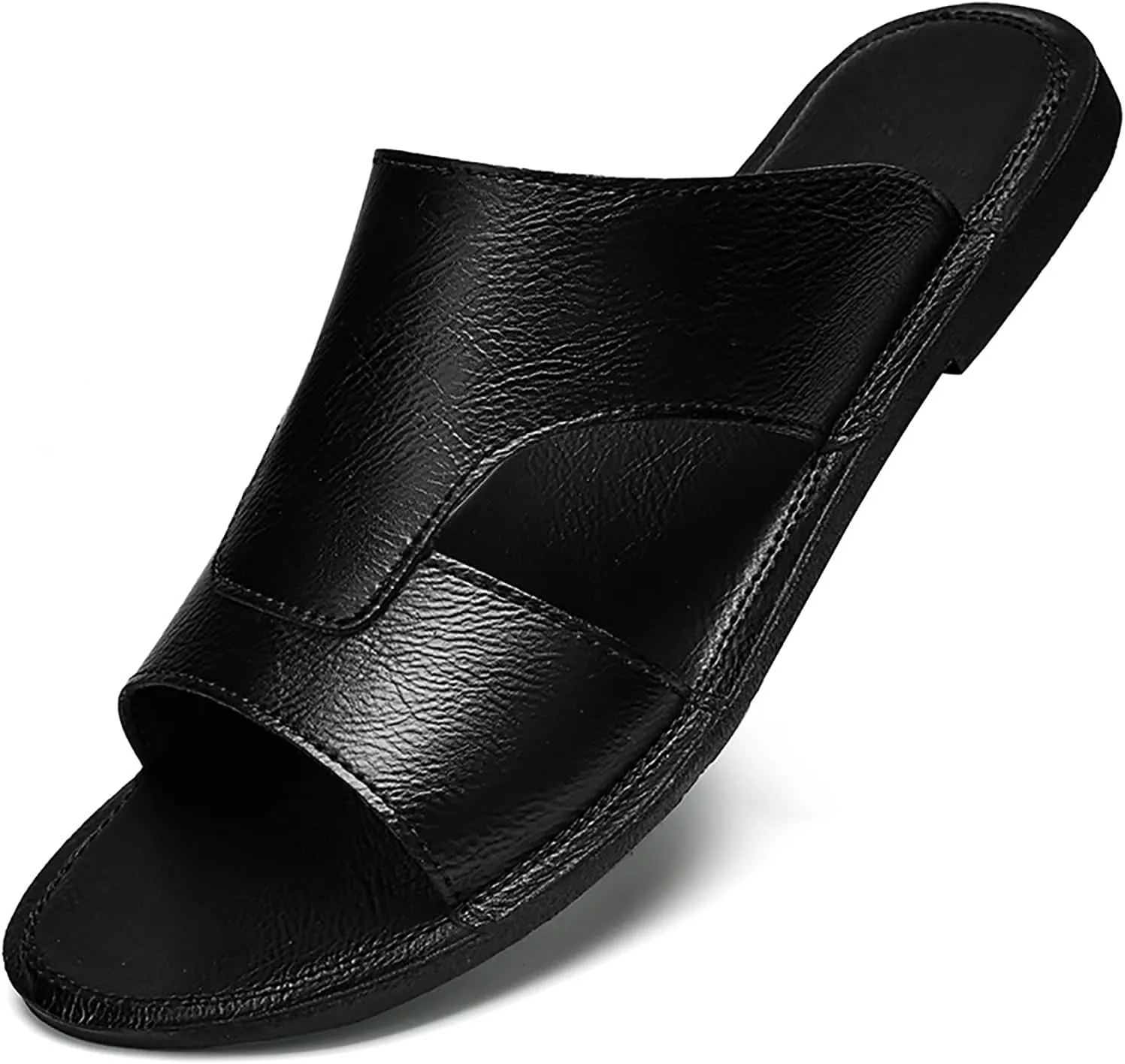 Men's Leather Cutout Slides Sandals Comfortable Lightweight Open Toe Anti-Slip Soft Bottom Slip On Slippers Summer Outdoor Casual Beach Sandals
