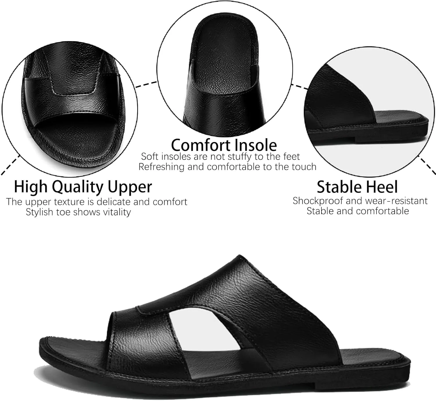 Men's Leather Cutout Slides Sandals Comfortable Lightweight Open Toe Anti-Slip Soft Bottom Slip On Slippers Summer Outdoor Casual Beach Sandals