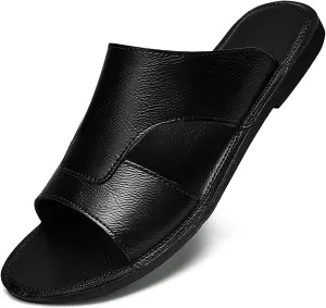 Men's Leather Cutout Slides Sandals Comfortable Lightweight Open Toe Anti-Slip Soft Bottom Slip On Slippers Summer Outdoor Casual Beach Sandals