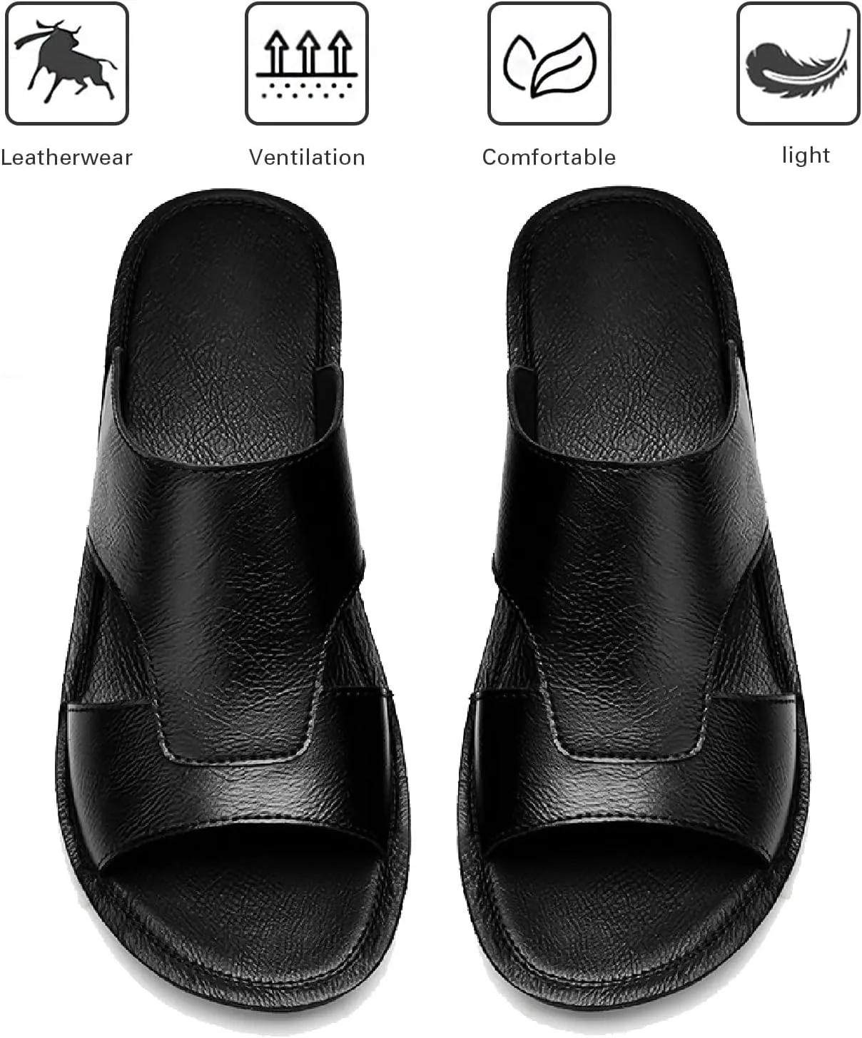 Men's Leather Cutout Slides Sandals Comfortable Lightweight Open Toe Anti-Slip Soft Bottom Slip On Slippers Summer Outdoor Casual Beach Sandals