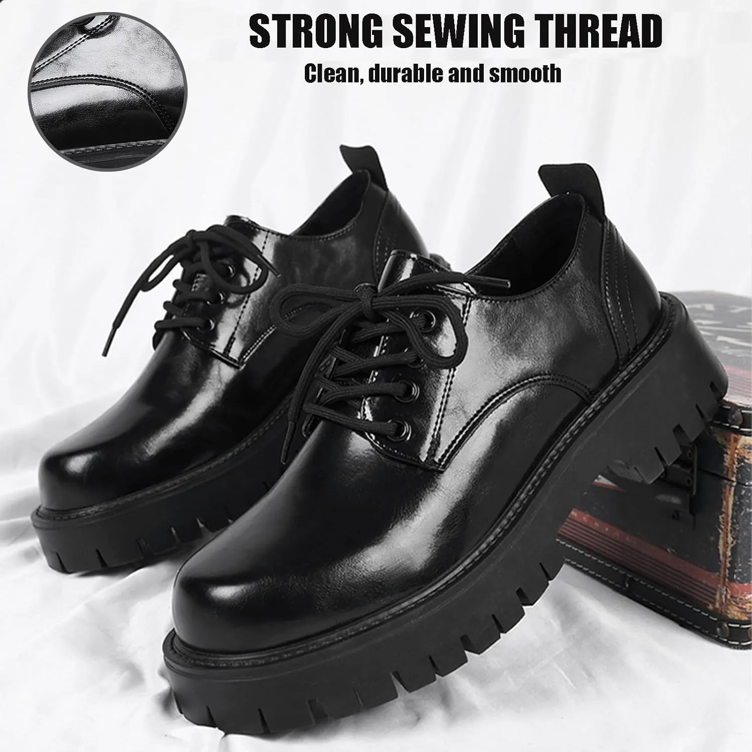 Men's Leather Lace Up Platform Oxfords Round Toe Chunky Heel Lug Sole Heightening Soft Bottom Derby Casual Shoes Classic Work Office Business Dress Shoes