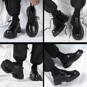 Men's Leather Lace Up Platform Oxfords Round Toe Chunky Heel Lug Sole Heightening Soft Bottom Derby Casual Shoes Classic Work Office Business Dress Shoes