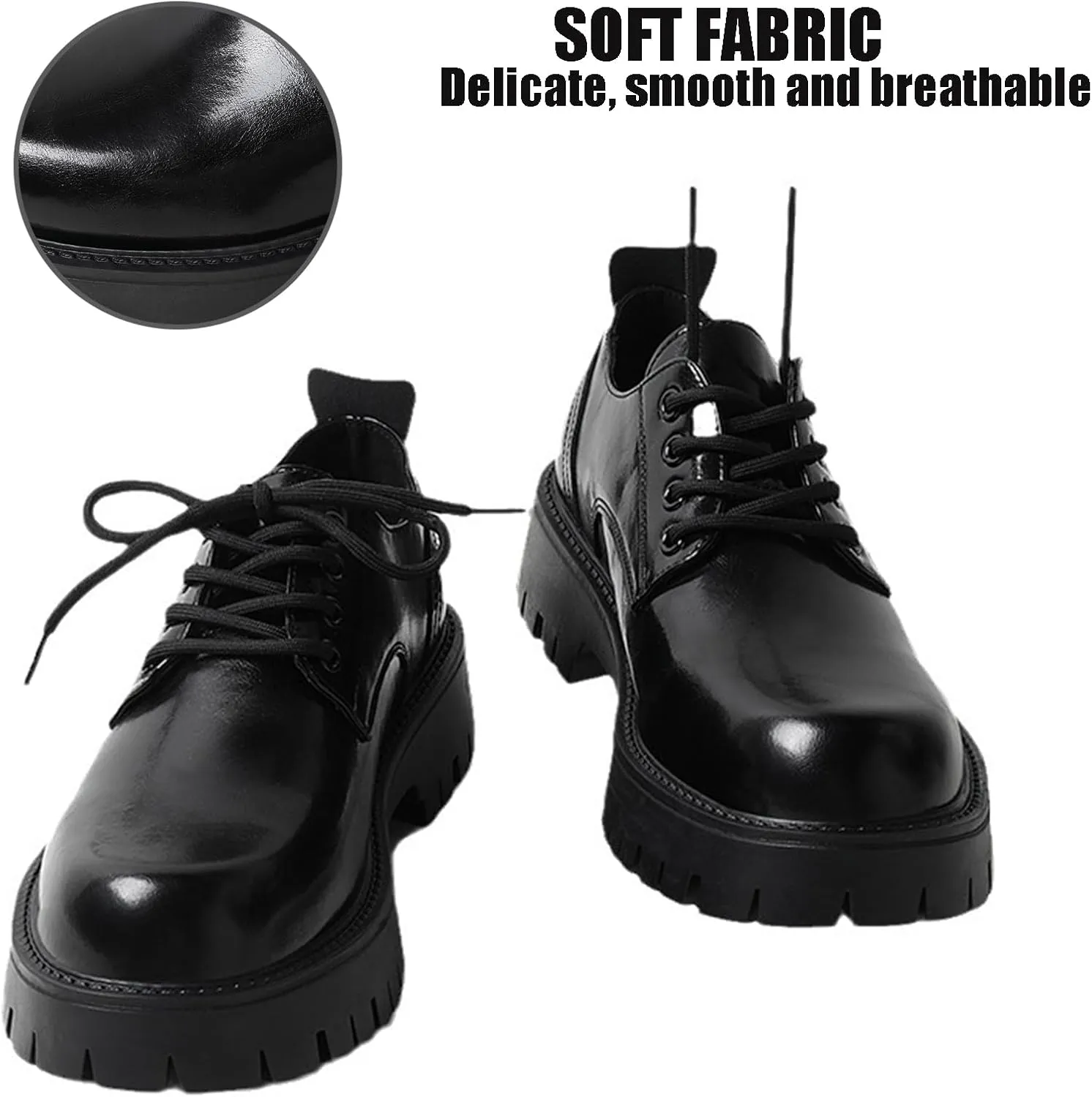 Men's Leather Lace Up Platform Oxfords Round Toe Chunky Heel Lug Sole Heightening Soft Bottom Derby Casual Shoes Classic Work Office Business Dress Shoes