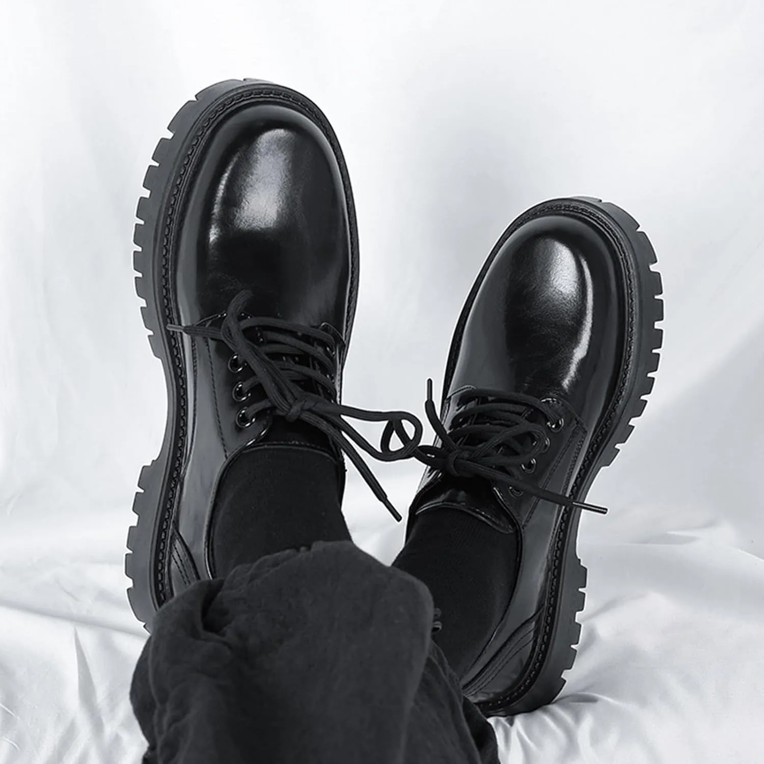 Men's Leather Lace Up Platform Oxfords Round Toe Chunky Heel Lug Sole Heightening Soft Bottom Derby Casual Shoes Classic Work Office Business Dress Shoes