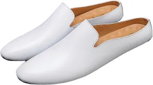 Men's Leather Open Back Flat Mules Vintage Round Toe Soft Sole Non-Slip Slip-On Formal Slippers Business Work Driving Walking Shoes