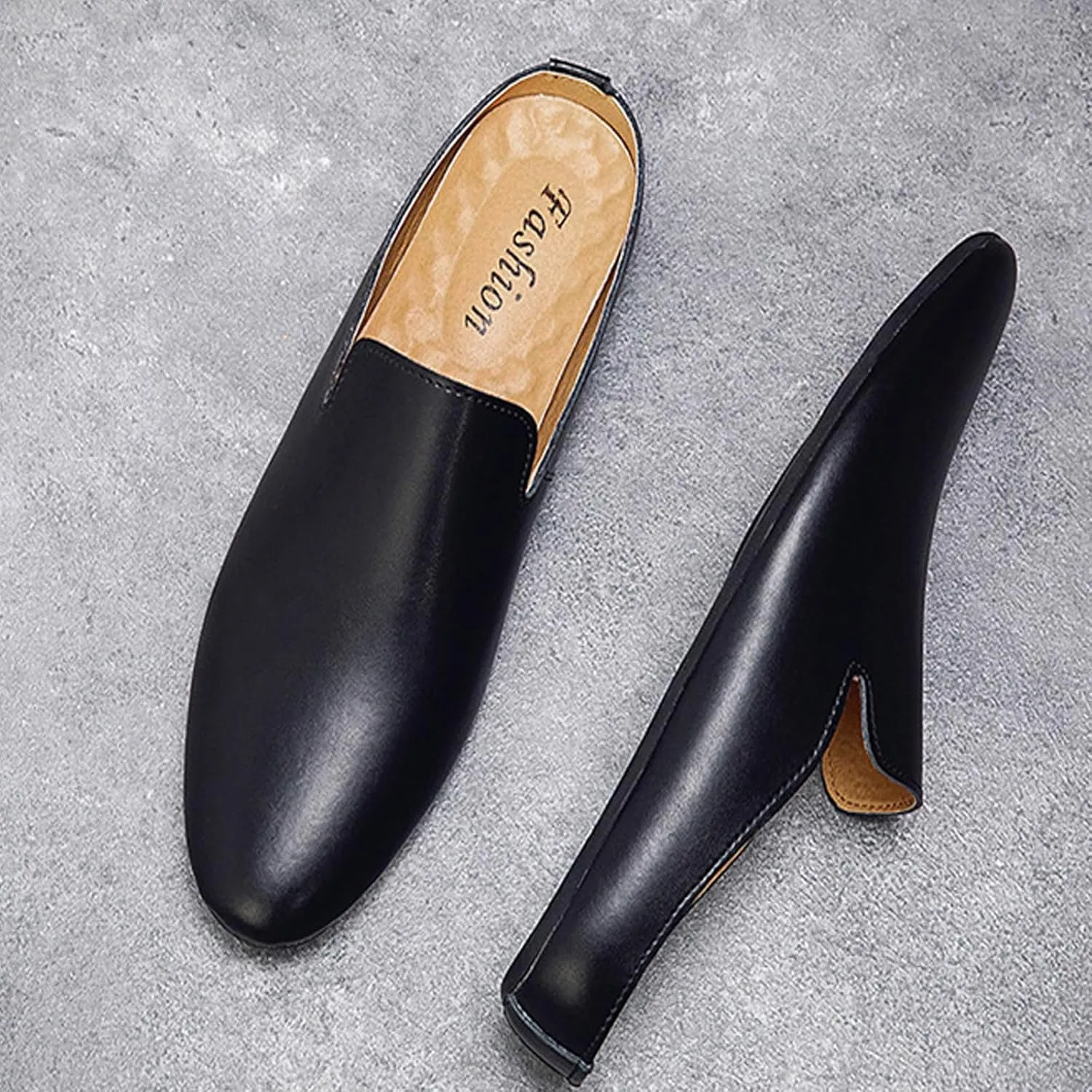 Men's Leather Open Back Flat Mules Vintage Round Toe Soft Sole Non-Slip Slip-On Formal Slippers Business Work Driving Walking Shoes