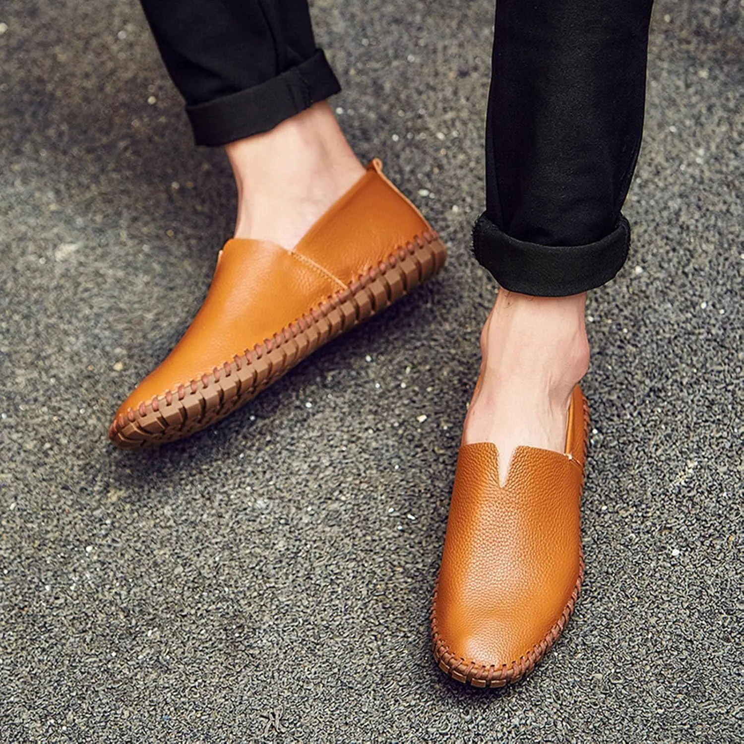 Men's Retro Hand-Stitched Leather Soft-Soled Loafers Fashion Casual Comfortable Soft Non-Slip Walking Shoes