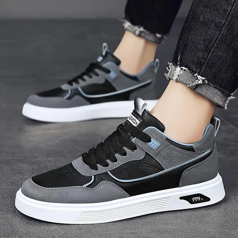 Men's Skateboarding Shoes Casual Lace-up Sneakers - Solid Color Low Top PU Trainers, All-Season Round Toe Footwear with Fabric Inner, PVC Sole, Cloth Insole for Everyday Wear