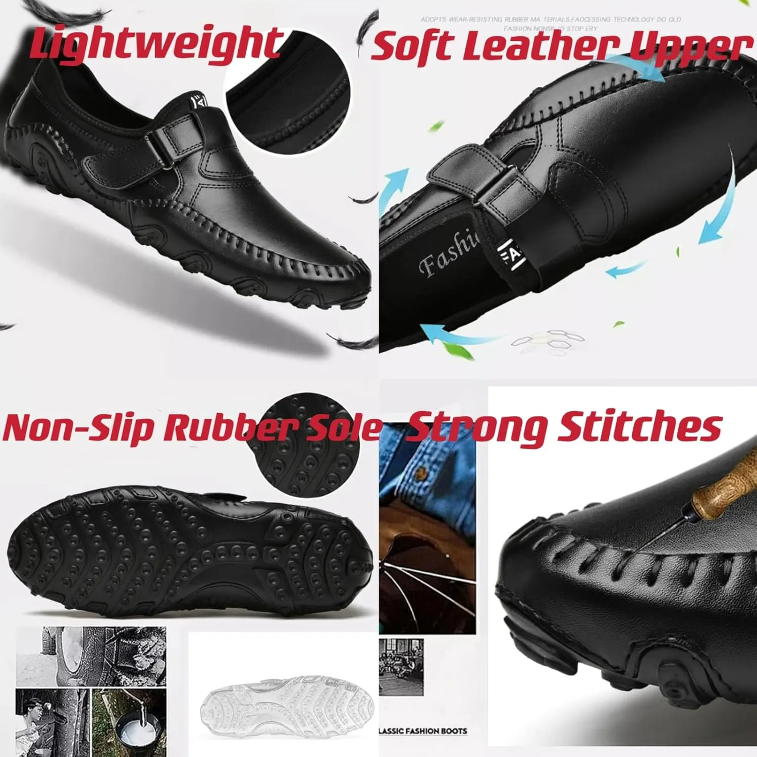 Men's Slip-On Leather Loafers with Adjustable Stickers Lightweight&Soft Round Toe Penny Loafers Low-Top Flats Moccasin Boat Shoes for Driving Walking