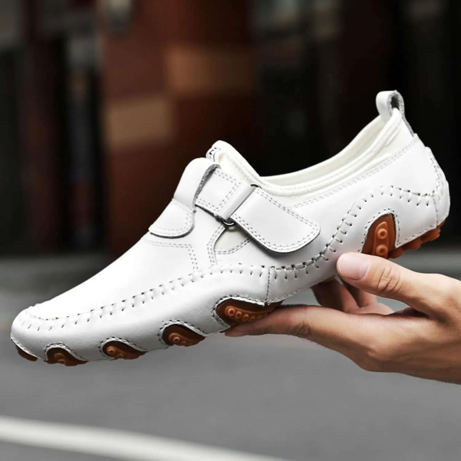 Men's Slip-On Leather Loafers with Adjustable Stickers Lightweight&Soft Round Toe Penny Loafers Low-Top Flats Moccasin Boat Shoes for Driving Walking