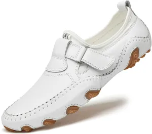 Men's Slip-On Leather Loafers with Adjustable Stickers Lightweight&Soft Round Toe Penny Loafers Low-Top Flats Moccasin Boat Shoes for Driving Walking