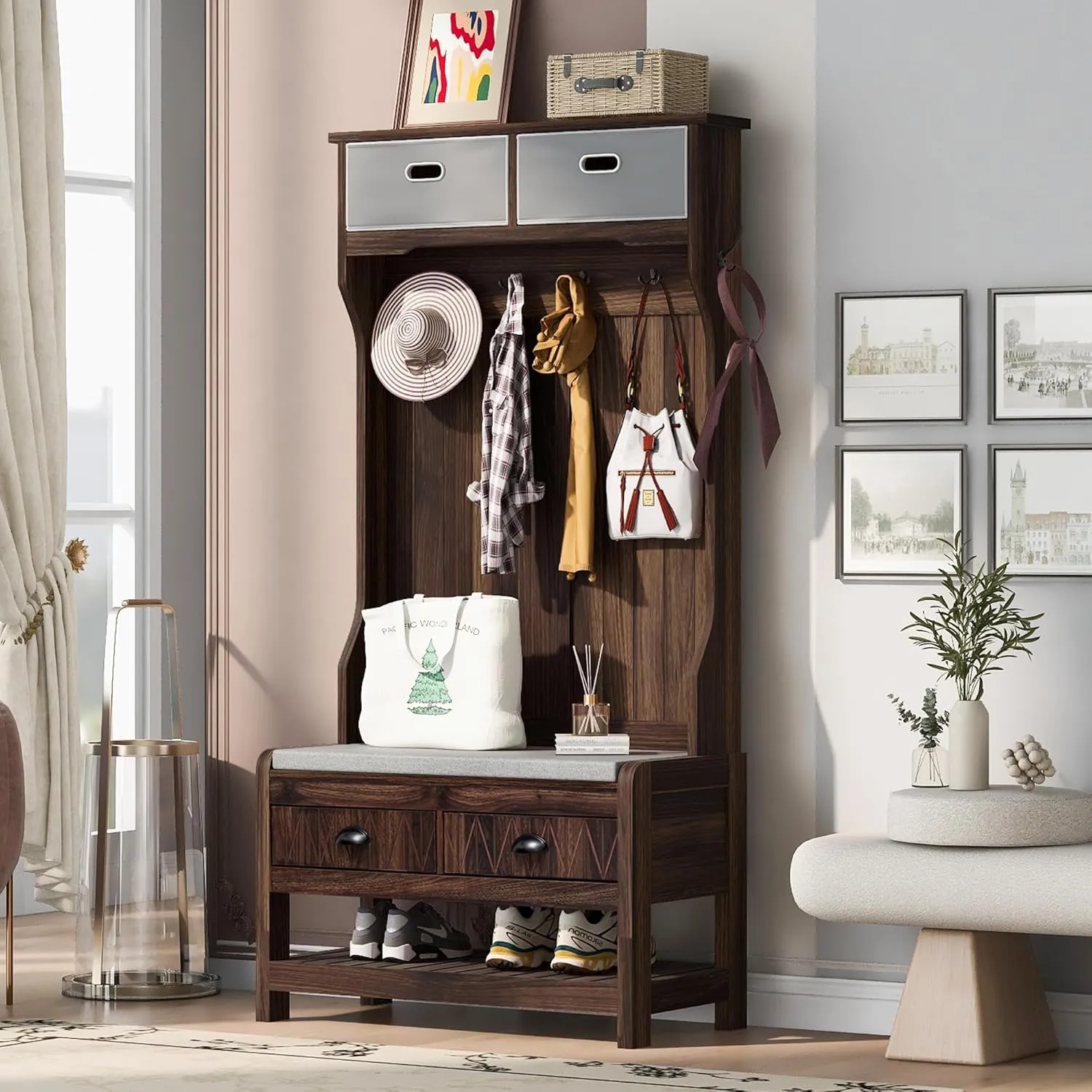 Merax Hall Tree with 4 Hooks and Hinged Lid, Coat Hanger, Entryway Bench, Storage Bench, 3-in-1 Design, for Entrance, Hallway (Tiger, with Drawers)