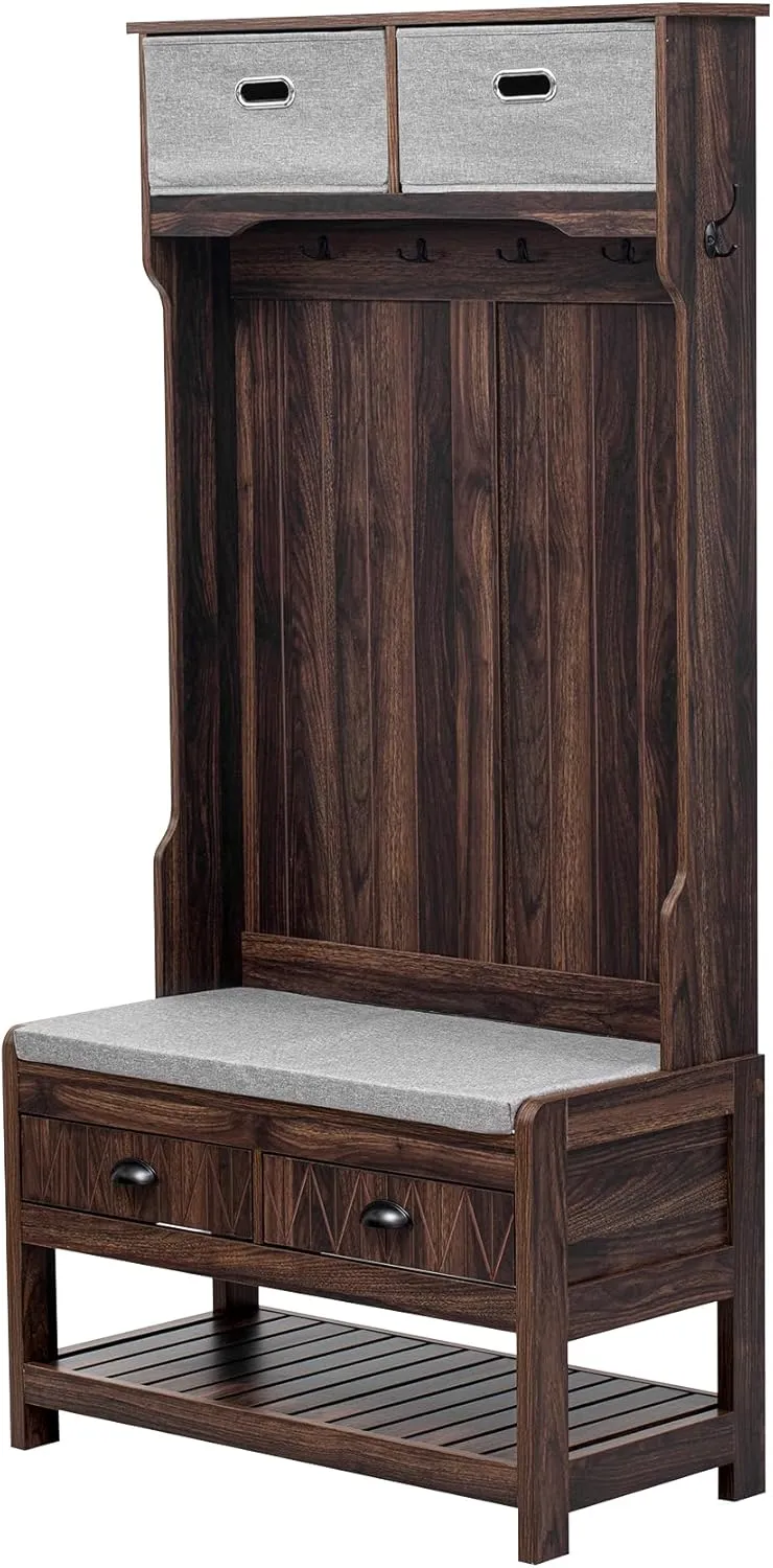 Merax Hall Tree with 4 Hooks and Hinged Lid, Coat Hanger, Entryway Bench, Storage Bench, 3-in-1 Design, for Entrance, Hallway (Tiger, with Drawers)