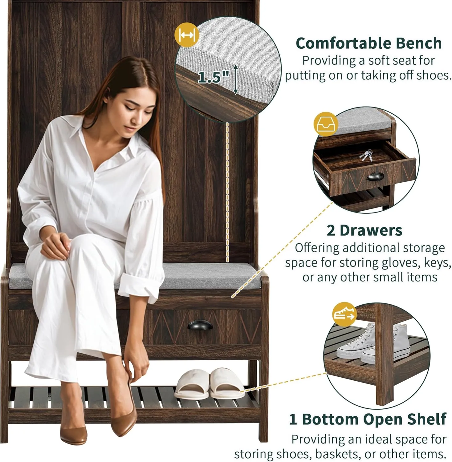 Merax Hall Tree with 4 Hooks and Hinged Lid, Coat Hanger, Entryway Bench, Storage Bench, 3-in-1 Design, for Entrance, Hallway (Tiger, with Drawers)