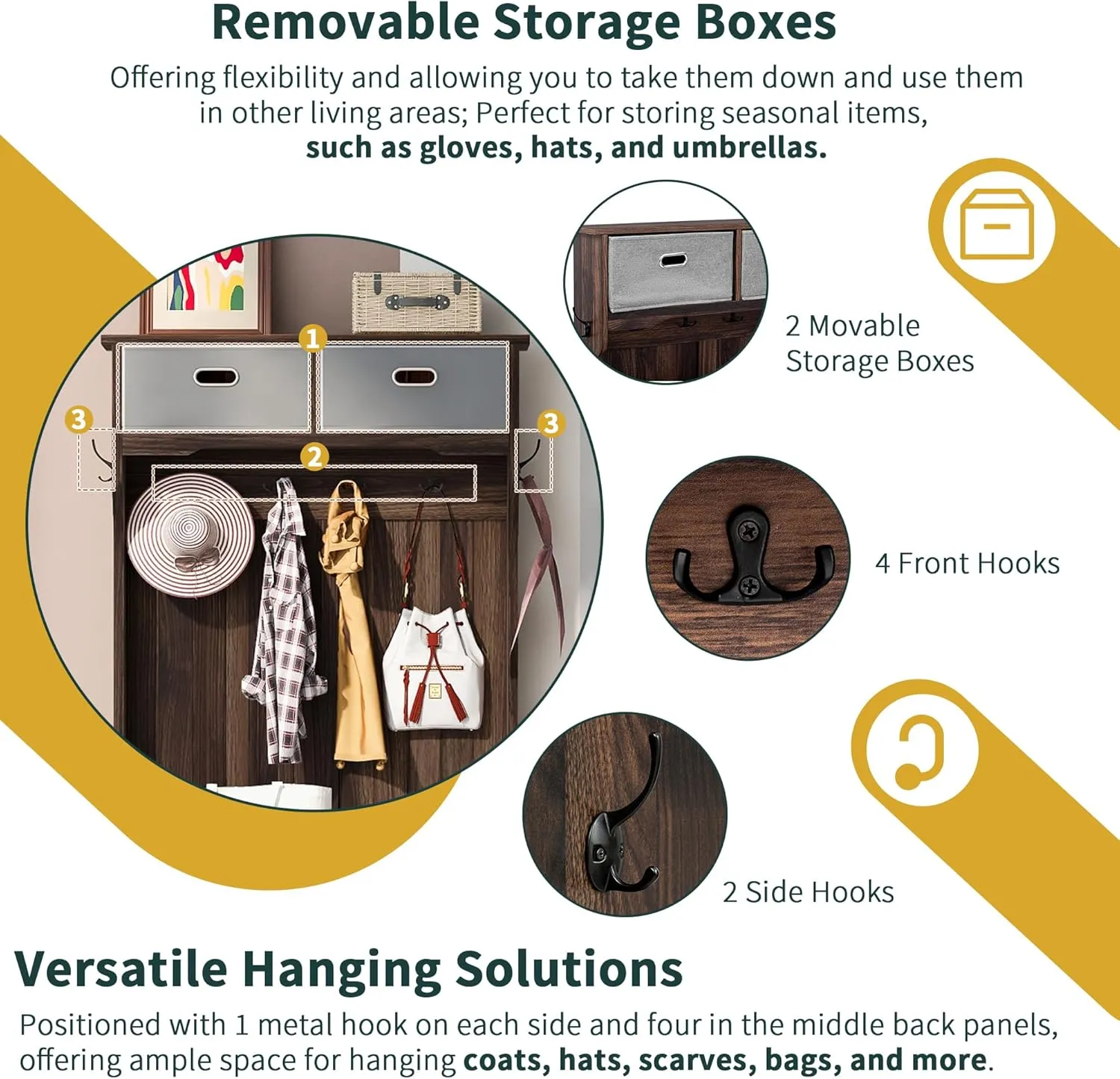 Merax Hall Tree with 4 Hooks and Hinged Lid, Coat Hanger, Entryway Bench, Storage Bench, 3-in-1 Design, for Entrance, Hallway (Tiger, with Drawers)