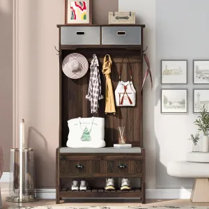 Merax Hall Tree with 4 Hooks and Hinged Lid, Coat Hanger, Entryway Bench, Storage Bench, 3-in-1 Design, for Entrance, Hallway (Tiger, with Drawers)