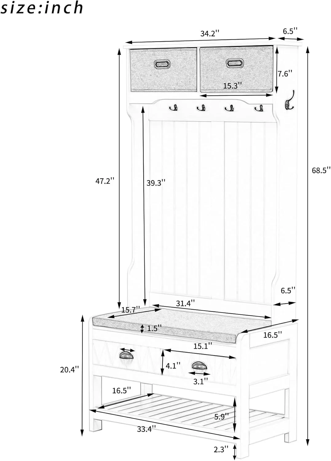Merax Hall Tree with 4 Hooks and Hinged Lid, Coat Hanger, Entryway Bench, Storage Bench, 3-in-1 Design, for Entrance, Hallway (Tiger, with Drawers)