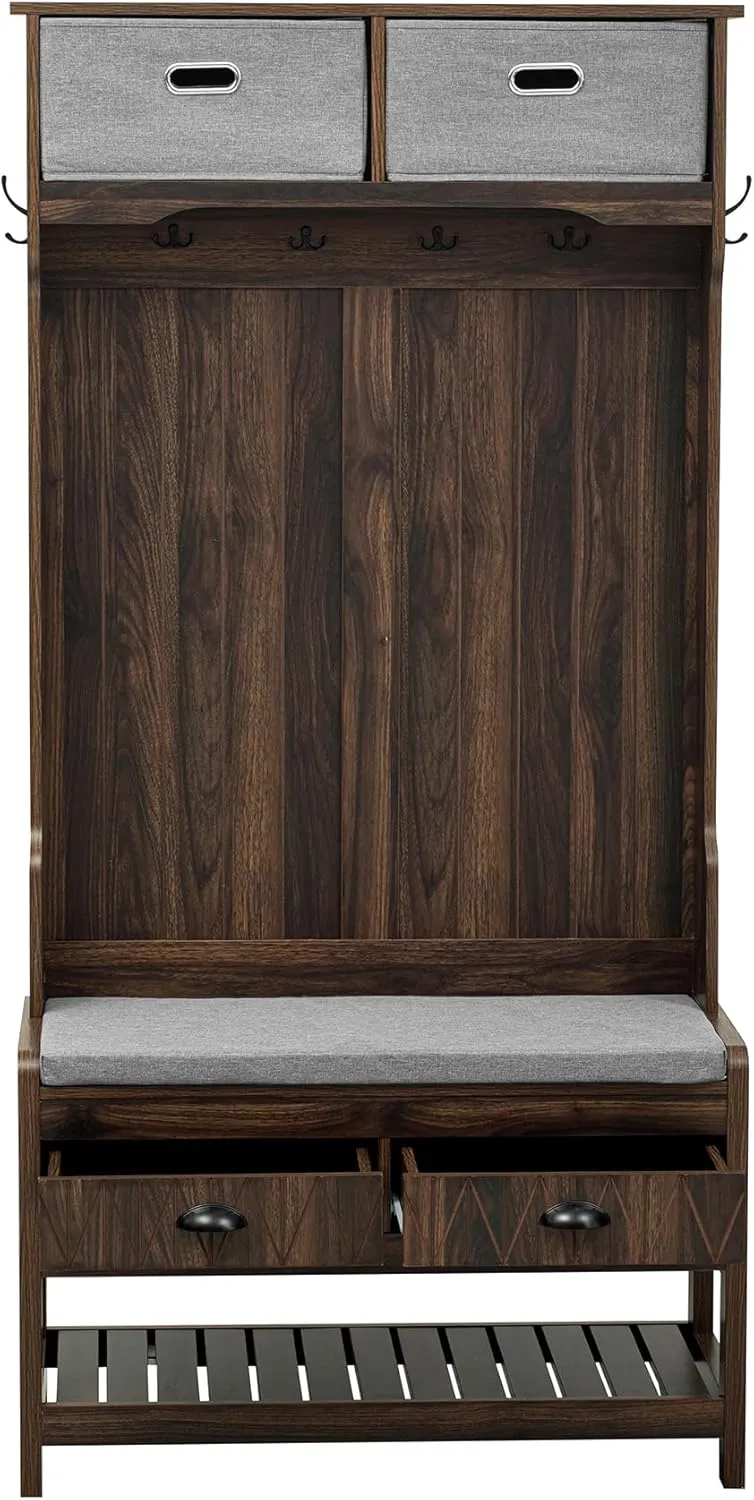 Merax Hall Tree with 4 Hooks and Hinged Lid, Coat Hanger, Entryway Bench, Storage Bench, 3-in-1 Design, for Entrance, Hallway (Tiger, with Drawers)