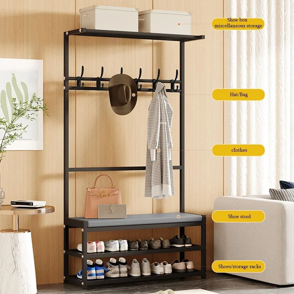Metal Shoe Bench with Coat Tree and 2 Tier Shoe Rack Modern Industrial Entryway Organizer with 6 Hooks Top Storage Hall Tree for Living Rooms and Hallways Easy to Assemble