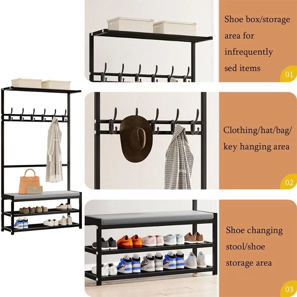 Metal Shoe Bench with Coat Tree and 2 Tier Shoe Rack Modern Industrial Entryway Organizer with 6 Hooks Top Storage Hall Tree for Living Rooms and Hallways Easy to Assemble