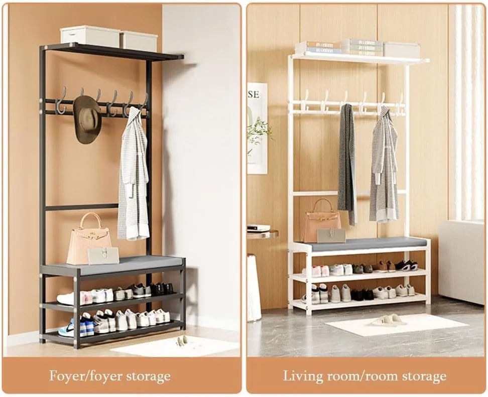Metal Shoe Bench with Coat Tree and 2 Tier Shoe Rack Modern Industrial Entryway Organizer with 6 Hooks Top Storage Hall Tree for Living Rooms and Hallways Easy to Assemble