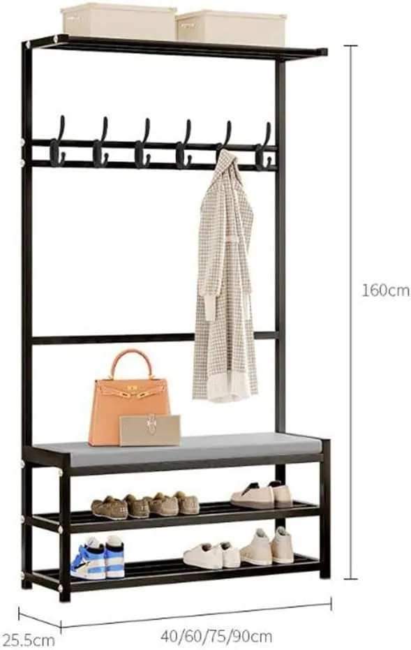 Metal Shoe Bench with Coat Tree and 2 Tier Shoe Rack Modern Industrial Entryway Organizer with 6 Hooks Top Storage Hall Tree for Living Rooms and Hallways Easy to Assemble