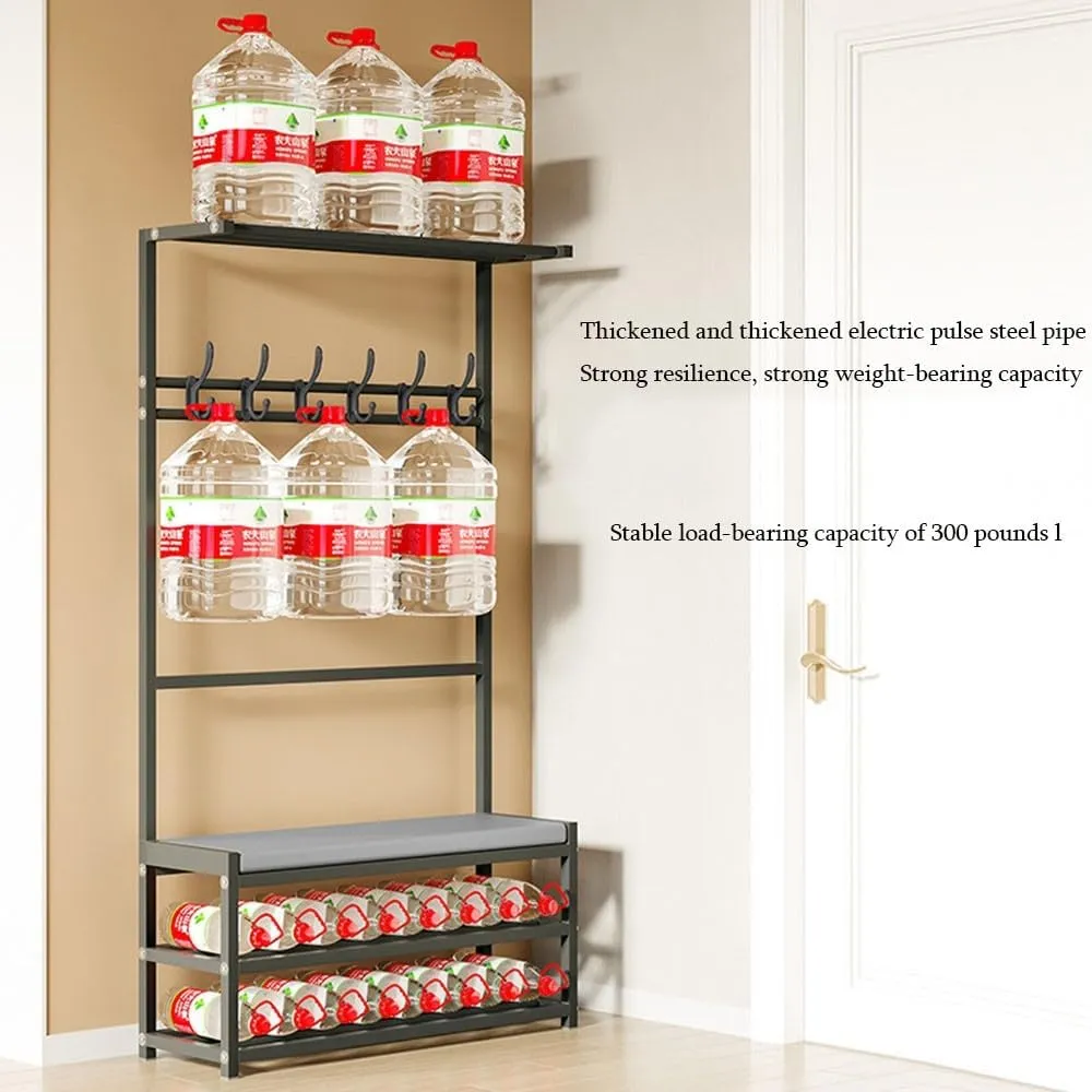 Metal Shoe Bench with Coat Tree and 2 Tier Shoe Rack Modern Industrial Entryway Organizer with 6 Hooks Top Storage Hall Tree for Living Rooms and Hallways Easy to Assemble