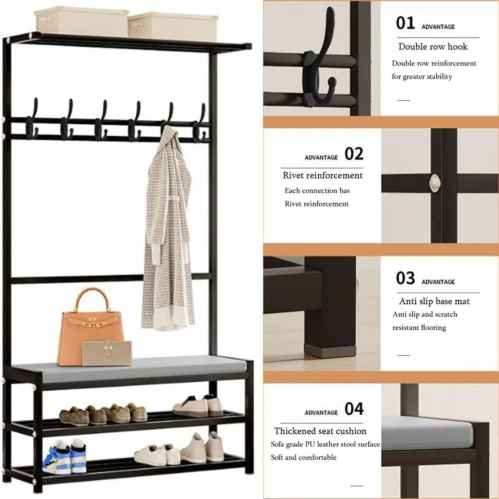 Metal Shoe Bench with Coat Tree and 2 Tier Shoe Rack Modern Industrial Entryway Organizer with 6 Hooks Top Storage Hall Tree for Living Rooms and Hallways Easy to Assemble