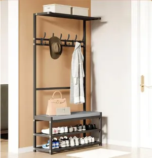 Metal Shoe Bench with Coat Tree and 2 Tier Shoe Rack Modern Industrial Entryway Organizer with 6 Hooks Top Storage Hall Tree for Living Rooms and Hallways Easy to Assemble