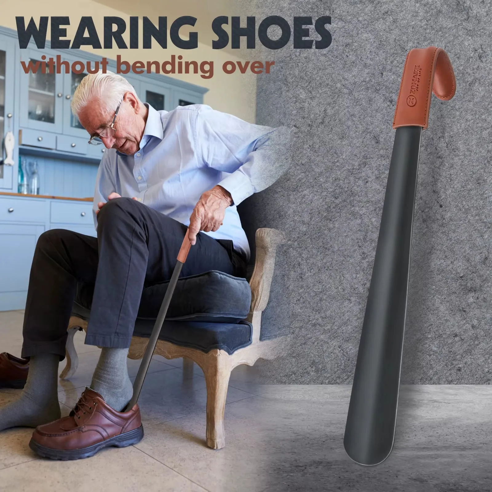 Metal Shoe Horn 42Cm Long Handled Stainless Steel Shoe Horn with Leather Strap Shoehorn for Seniors Extra Long Shoe Accessories