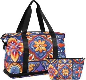 Mexican Ceramic Tile Gym Bag for Women Sport Travel Duffel Bag Shoulder Weekender Overnight Bags with Wet Pocket & Shoe Compartment