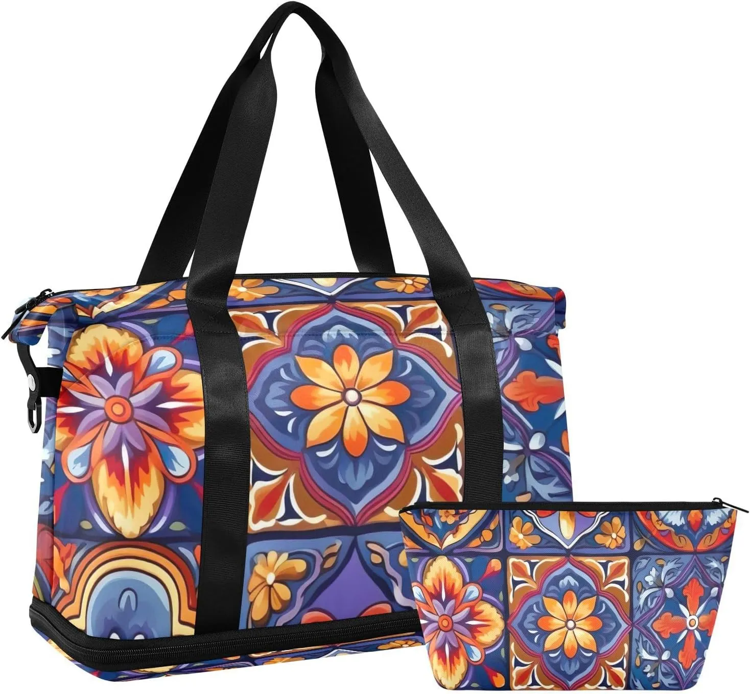 Mexican Ceramic Tile Gym Bag for Women Sport Travel Duffel Bag Shoulder Weekender Overnight Bags with Wet Pocket & Shoe Compartment