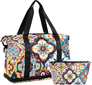 Mexican Ceramic Tile Gym Bag for Women Sport Travel Duffel Bag Shoulder Weekender Overnight Bags with Wet Pocket & Shoe Compartment