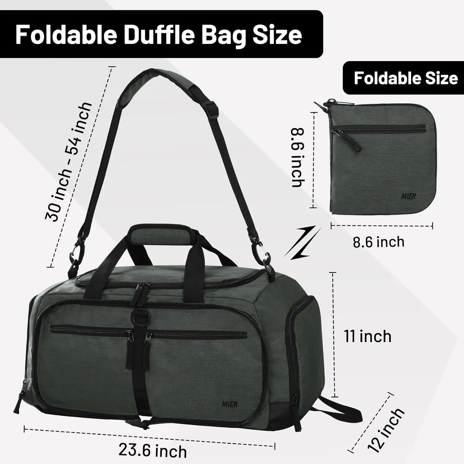 MIER Foldable Duffle Bag with Shoe Compartment 50L Travel Duffel Bags for Men Women Packable Overnight Bag for Camping Gym Weekender, Green Gray