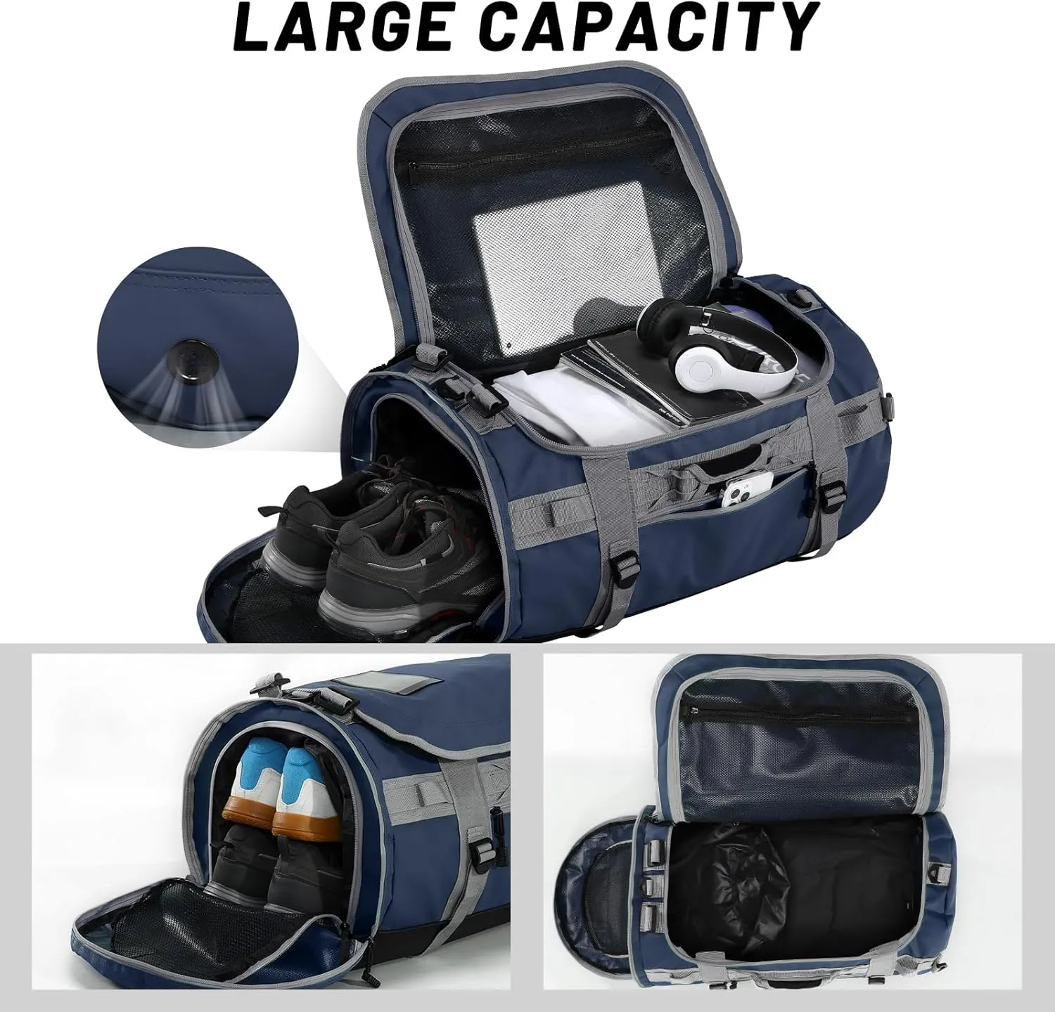 MIER Large Duffel Backpack Sports Gym Bag with Shoe Compartment, Heavy Duty and Water Resistant, Navy Blue, 90L