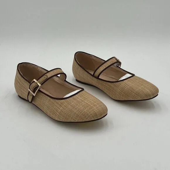 Miss left Beige Braid Comfort Buckle Strap Mary Janes Classic Round Toe Shoes