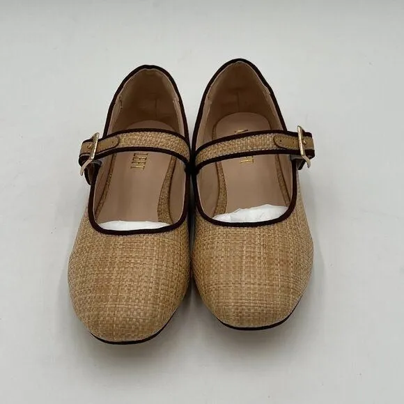 Miss left Beige Braid Comfort Buckle Strap Mary Janes Classic Round Toe Shoes