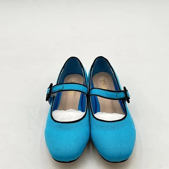 Miss Left Blue Satin Buckle Strap Mary Janes Round Toe Ballet Flats Dance Shoes