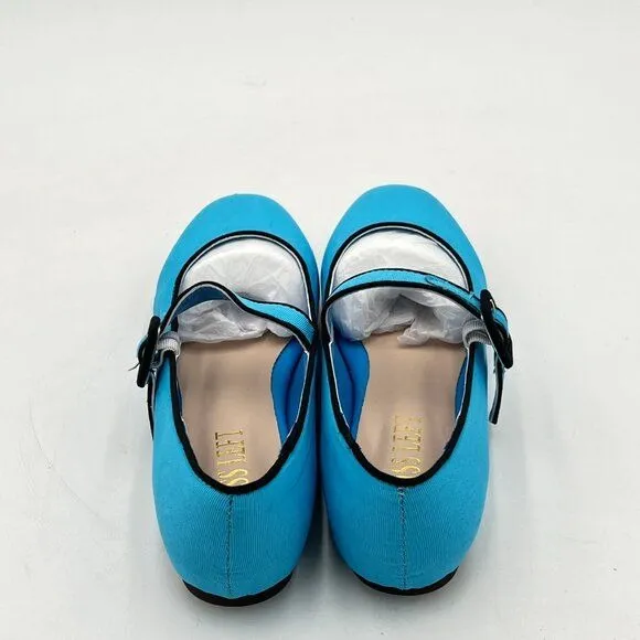 Miss Left Blue Satin Buckle Strap Mary Janes Round Toe Ballet Flats Dance Shoes