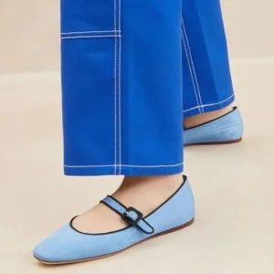 Miss Left Blue Satin Buckle Strap Mary Janes Round Toe Ballet Flats Dance Shoes