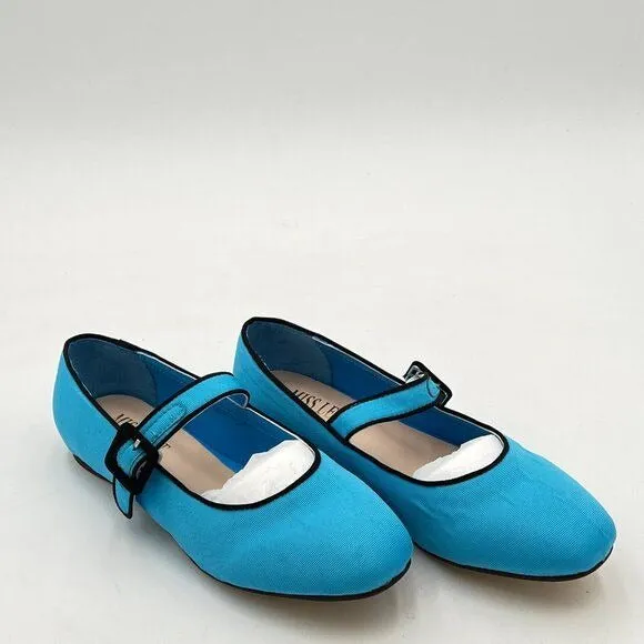 Miss Left Blue Satin Buckle Strap Mary Janes Round Toe Ballet Flats Dance Shoes