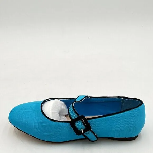 Miss Left Blue Satin Buckle Strap Mary Janes Round Toe Ballet Flats Dance Shoes