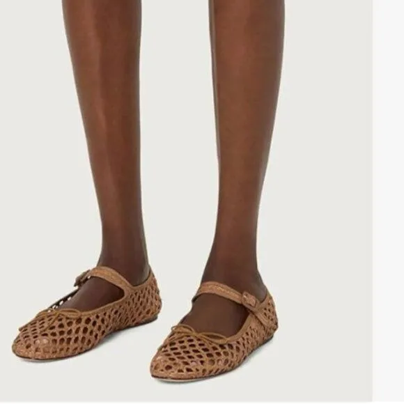 miss left Brown Cutout Bowknots Ankle Strap Mary Janes Ballet Flats