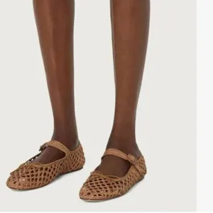 miss left Brown Cutout Bowknots Ankle Strap Mary Janes Ballet Flats